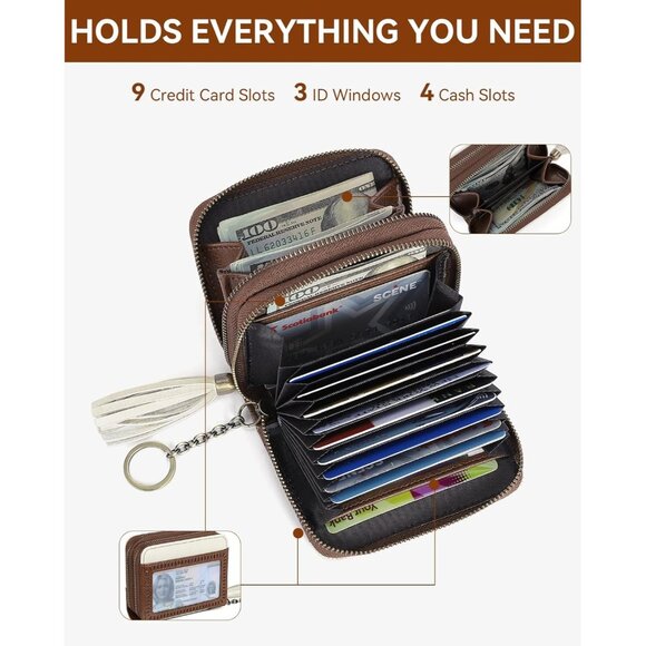 New RFID Double Zipper Credit Card Holder Wallet for Women - Beige/Brown - Picture 4 of 9